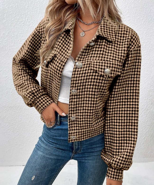 Women's Jacket Coat Retro Lapel Single Breasted Houndstooth Jacket