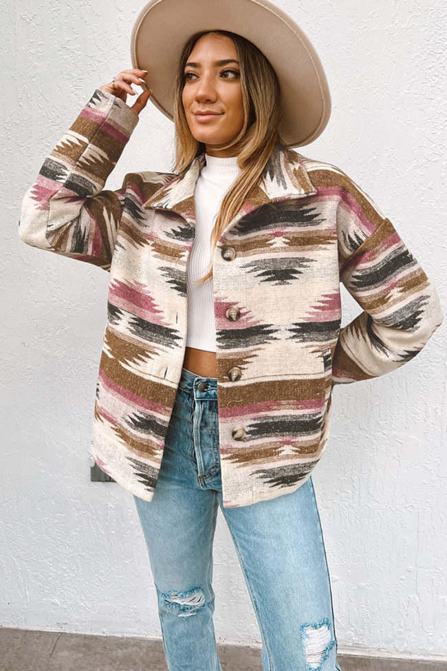 Women's Woolen Jacket Multicolor Aztec Print Button Up Long Sleeve Jacket