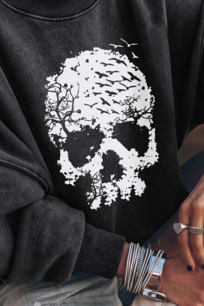 Women's Punk Style Sweatshirts Round Neck Dropped Skull Graphic Sweatshirt