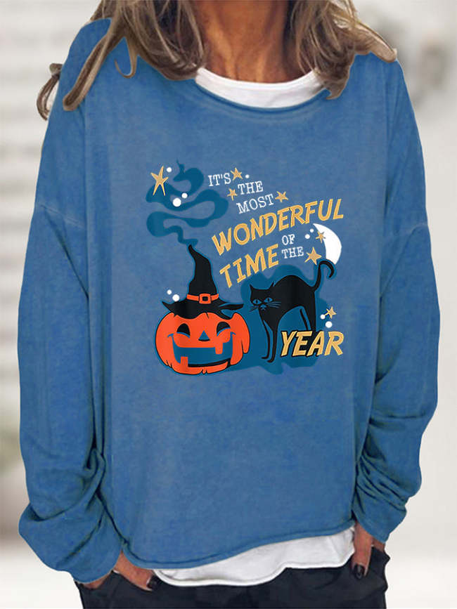 Women's Halloween Holiday Sweatshirts Round Neck Long Sleeve Cat Graphic Sweatshirt