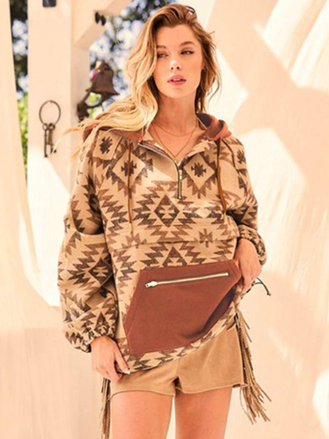 Women's Tribal Aztec Printed Zip-Up Long Sleeve Hoodie Cowgirl Western Style Outfit Hoodie