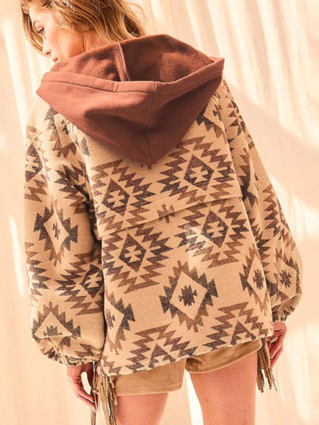 Women's Tribal Aztec Printed Zip-Up Long Sleeve Hoodie Cowgirl Western Style Outfit Hoodie