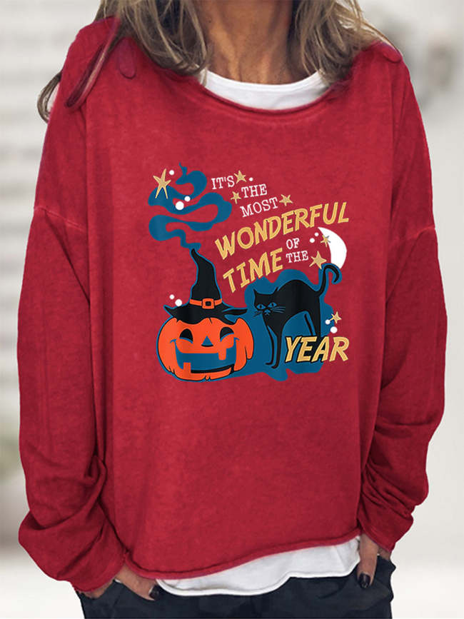 Women's Halloween Holiday Sweatshirts Round Neck Long Sleeve Cat Graphic Sweatshirt