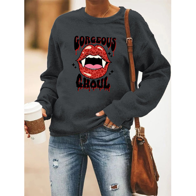 Women's Halloween Humor Funny Lips Punk Style Print Hooded Long Sleeve Sweatshirt