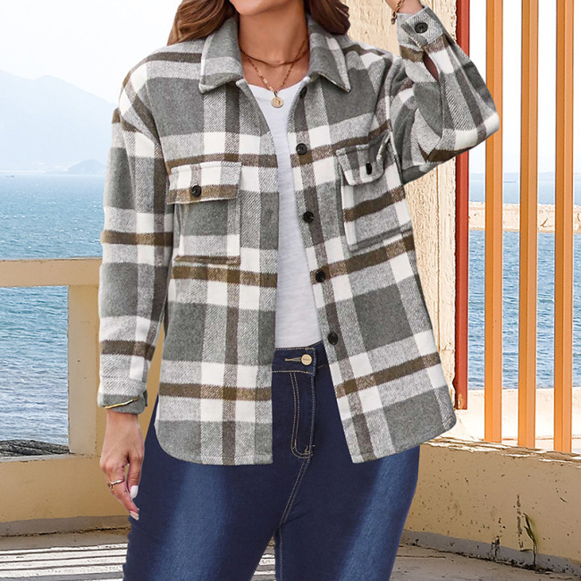 Women's Plus Size Plaid Shirt Jacket Loose Oversized Lapel Fall Winter Outwear