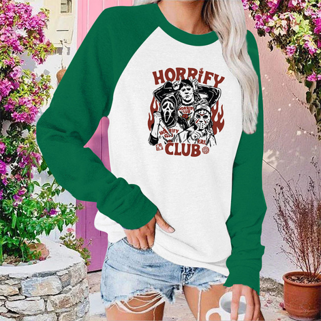 Women's Halloween Humor Funny Punk Style Print Hooded Long Sleeve Crew Neck T-Shirts