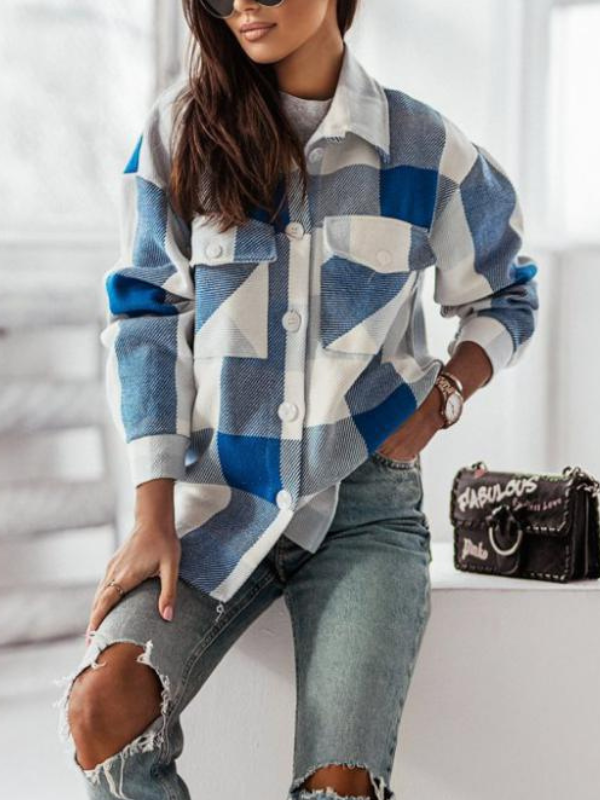 Women's Boyfriend Style Plaid Shacket Loose Brushed Wool Shirt Jacket Outerwear Streetwear