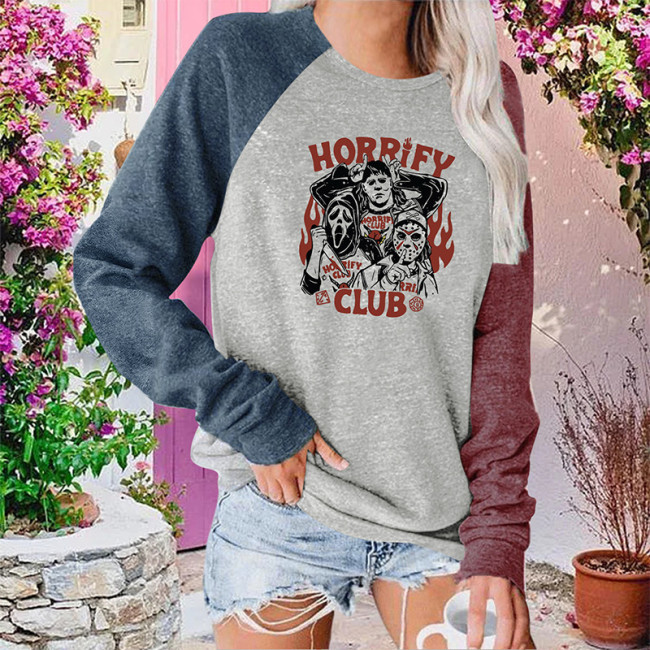 Women's Halloween Humor Funny Punk Style Print Hooded Long Sleeve Crew Neck T-Shirts