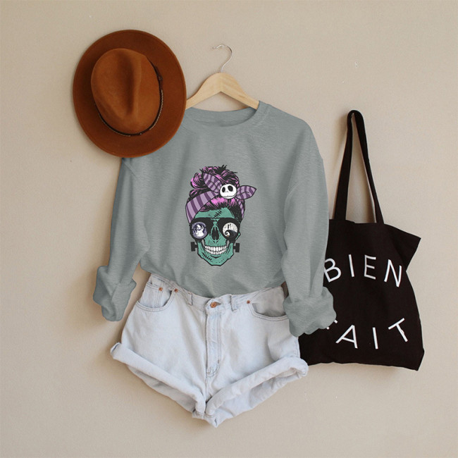 Women's Halloween Humor Funny Skull Punk Style Print Hooded Long Sleeve Sweatshirt