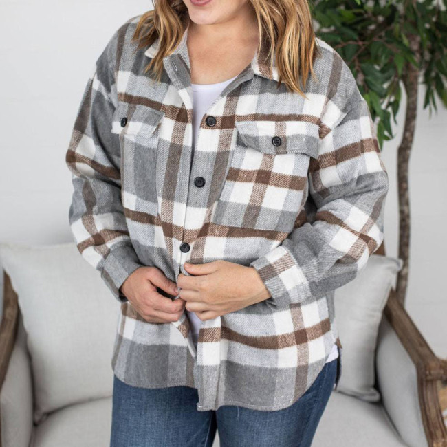 Women's Plus Size Plaid Shirt Jacket Loose Oversized Lapel Fall Winter Outwear