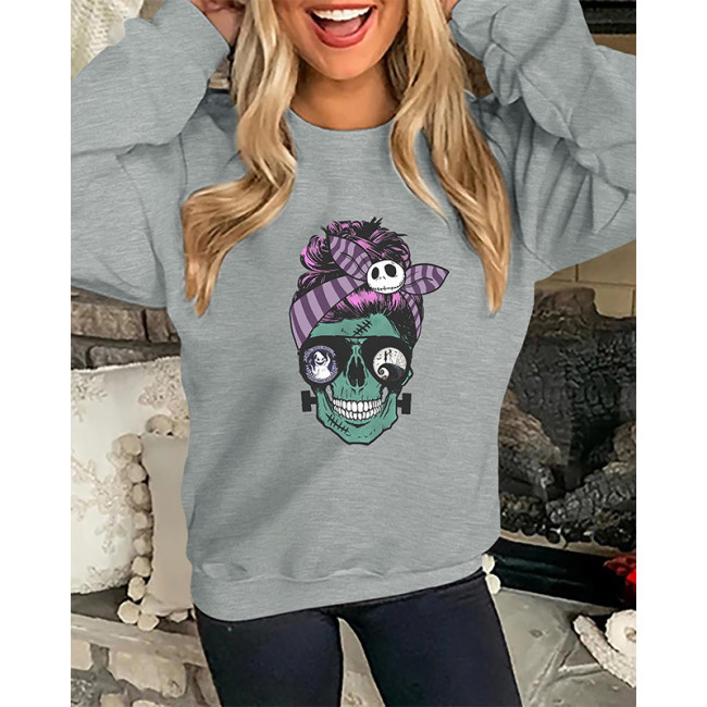 Women's Halloween Humor Funny Skull Punk Style Print Hooded Long Sleeve Sweatshirt