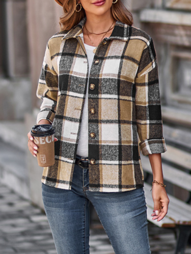 Women's Plaid Shirt Jacket Loose Lapel Fall Winter Outwear Single-Breasted Shacket