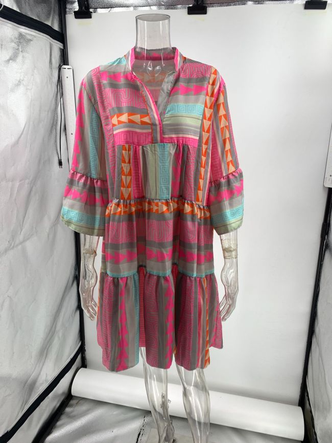 Women's Boho Dress Ethnic Tribal Print Mid Sleeve Mini Dress