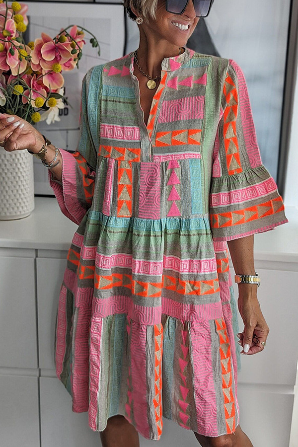 Women's Boho Dress Ethnic Tribal Print Mid Sleeve Mini Dress