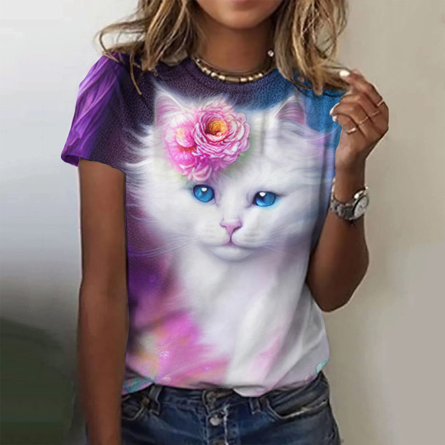 Women's Cute Art Oil Painting Cat Print T-Shirt Crew Neck Short Sleeve Cartoon Full Cat Print Tee