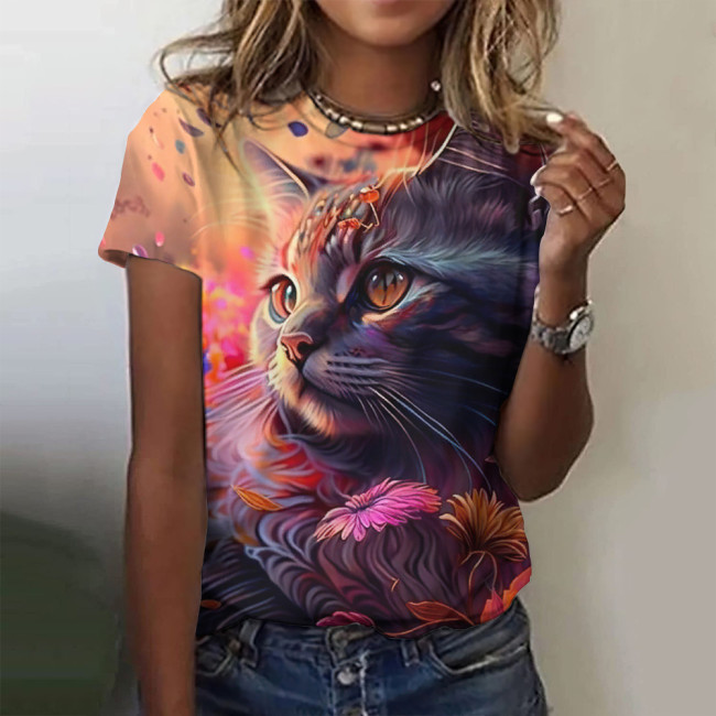 Women's Cute Art Oil Painting Cat Print T-Shirt Crew Neck Short Sleeve Cartoon Full Cat Print Tee