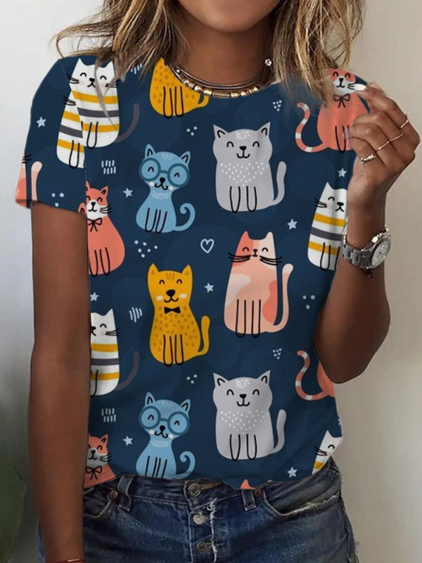 Women's Cute Cat Print T-Shirt Crew Neck Short Sleeve Cartoon Full Cat Print Tee