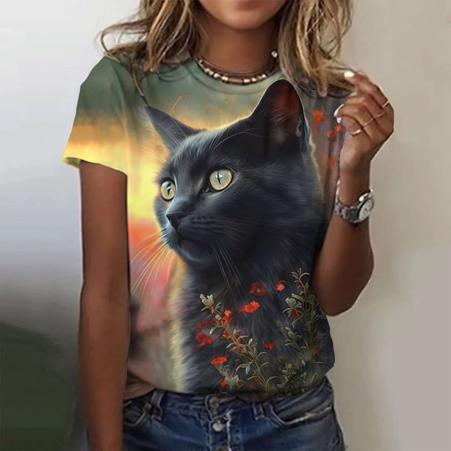 Women's Cute Cat with Floral Print T-Shirt Crew Neck Short Sleeve Cartoon Full Cat Print Tee