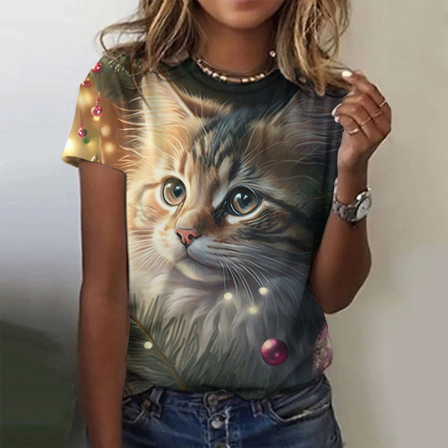 Women's Cute Art Oil Painting Cat Print T-Shirt Crew Neck Short Sleeve Cartoon Full Cat Print Tee