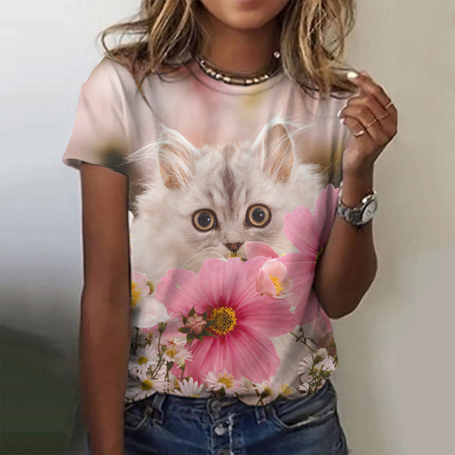 Women's Cute Cat with Floral Print T-Shirt Crew Neck Short Sleeve Cartoon Full Cat Print Tee