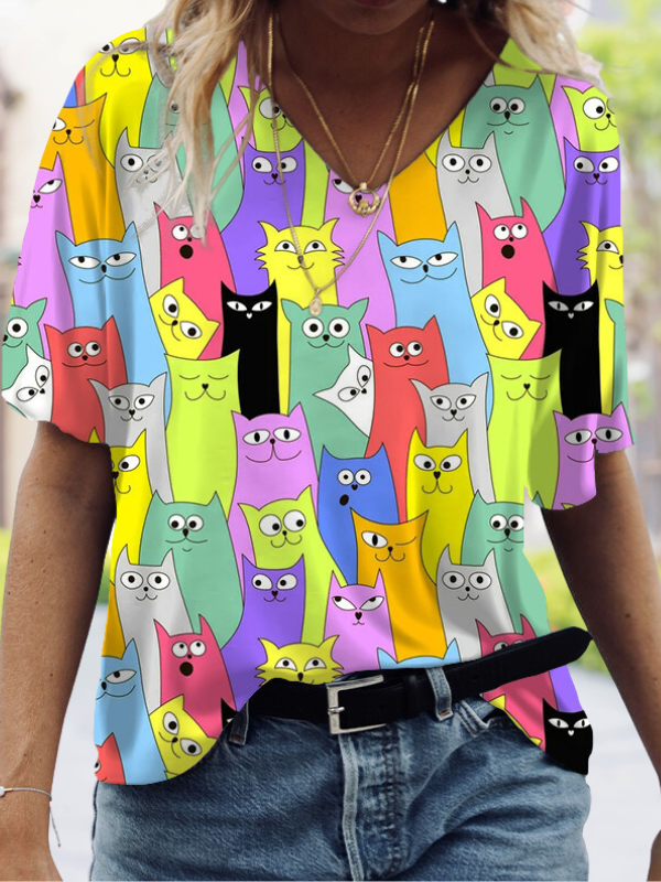 Colorful Funny Cartoon Cat Print Long Sleeve Casual T-Shirt Plus Size