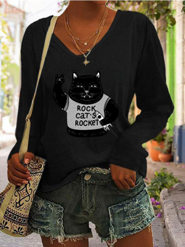 Rock Cat's Rocket Funny Black Cat Print Long Sleeve Casual T-Shirt
