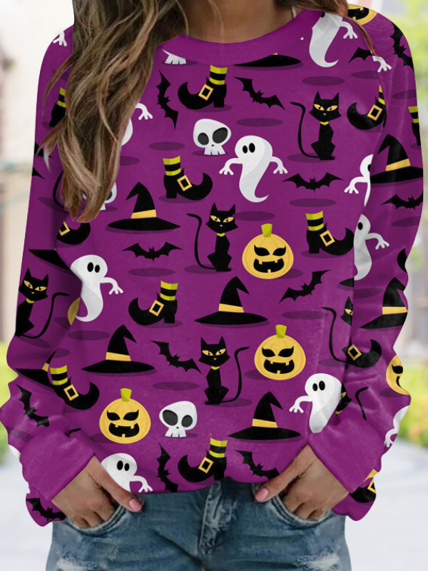 Women's Halloween Funny Cat Print T-Shirts Full Print Purple Color Black Cat Tee