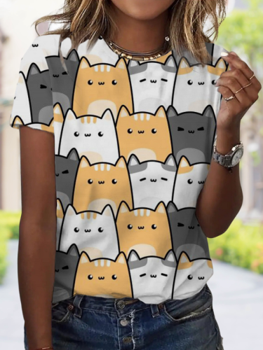 Women's Cute Cat Print T-Shirt Crew Neck Short Sleeve Cartoon Cat Tee