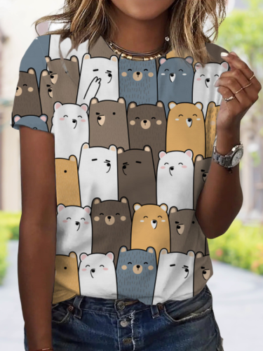 Women's Cute Cat Print T-Shirt Crew Neck Short Sleeve Cartoon Cat Tee