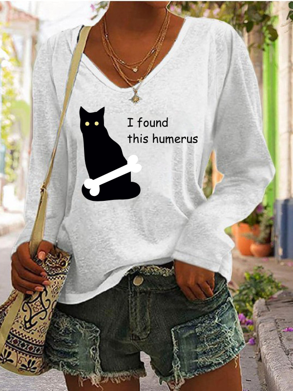 I Found This Humerus Funny Black Cat Print Long Sleeve Casual T-Shirt
