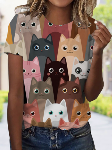 Women's Cute Cat Print T-Shirt Crew Neck Short Sleeve Cartoon Full Cat Print Tee