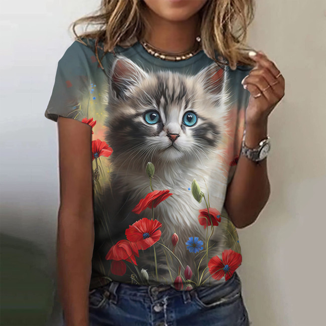 Women's Cute Cat with Floral Print T-Shirt Crew Neck Short Sleeve Cartoon Full Cat Print Tee
