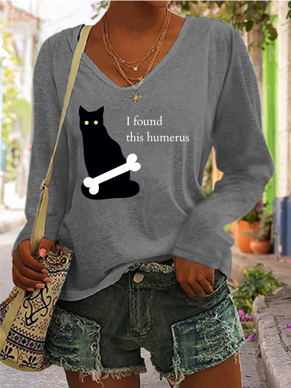 I Found This Humerus Funny Black Cat Print Long Sleeve Casual T-Shirt