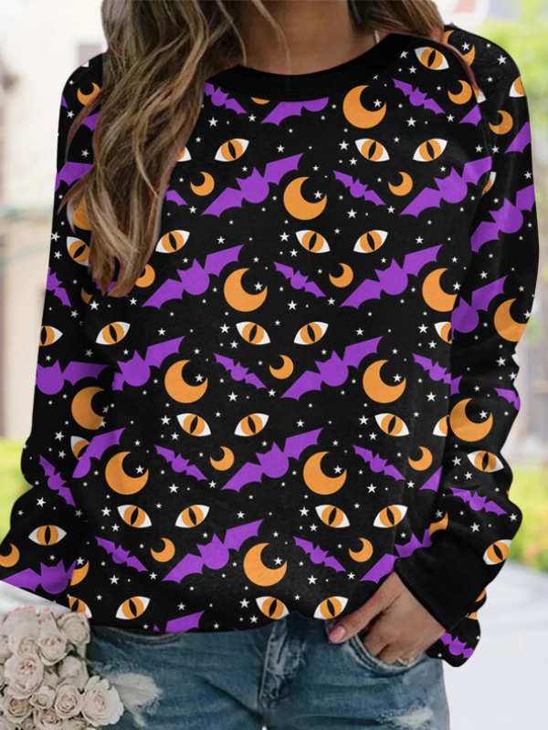 Women's Halloween Funny Cat Print T-Shirts Full Print Purple Color Black Cat Tee