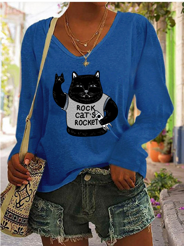 Rock Cat's Rocket Funny Black Cat Print Long Sleeve Casual T-Shirt