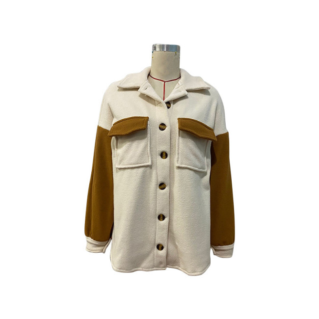 Women's Shirt Jacket Lapel Color-Block Polar Fleece Shacket Jacket