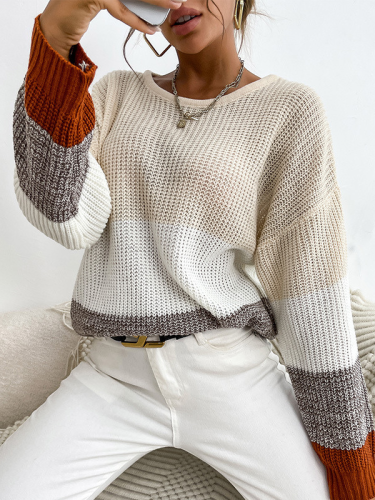 Women's Sweater Loose Colorblock Long-Sleeve Round Neck Knit Sweater