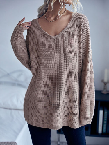Women's Fall Knit Sweater Top Loose V-Neck Pullover Sweater Top Brown