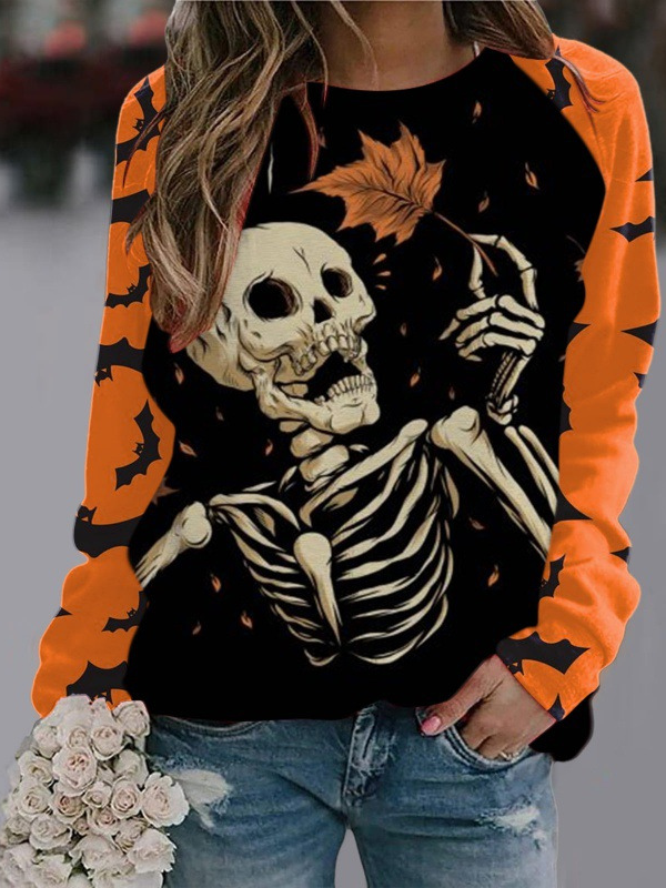 Women's Halloween Funny Skull Skeleton Full Print Cotton Blend Long Sleeve T-Shirt Tee