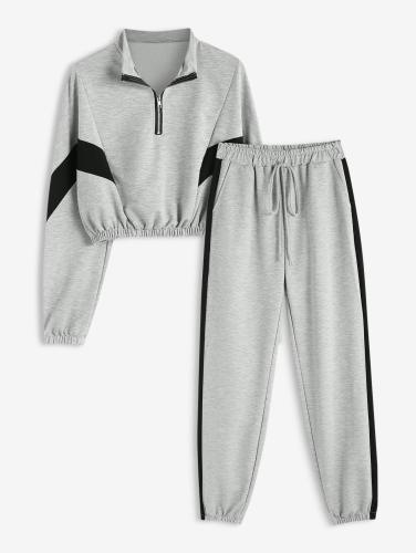 Women's Sport 2Piece Set Colorblock Half Zip Batwing Sleeve Sweatshirt And Jogger Pants Set - Light Gray L