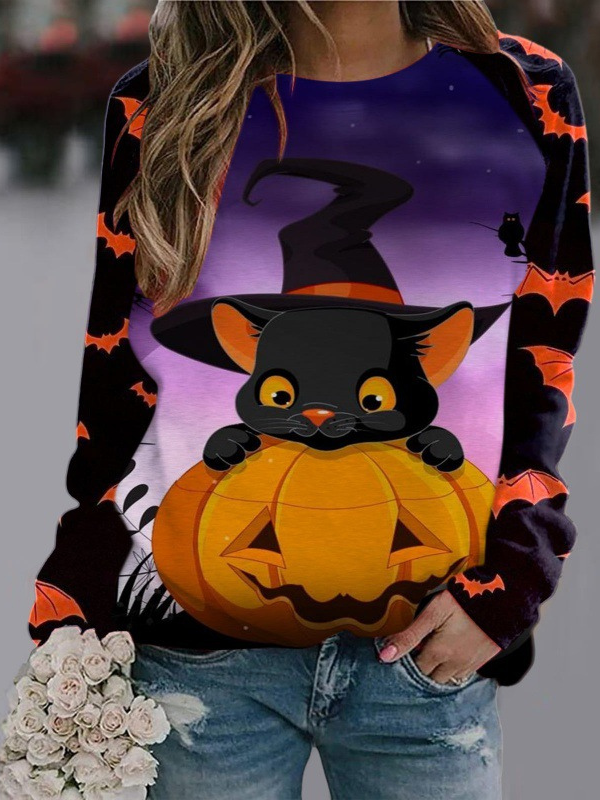 Women's Halloween Funny Pumpkin and Black Cat Full Print Cotton Blend Long Sleeve T-Shirt Tee