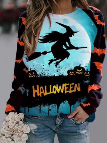 Women's Halloween Funny Witch Castle Full Print Cotton Blend Long Sleeve T-Shirt Tee