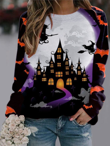 Women's Halloween Funny Witch Castle Full Print Cotton Blend Long Sleeve T-Shirt Tee