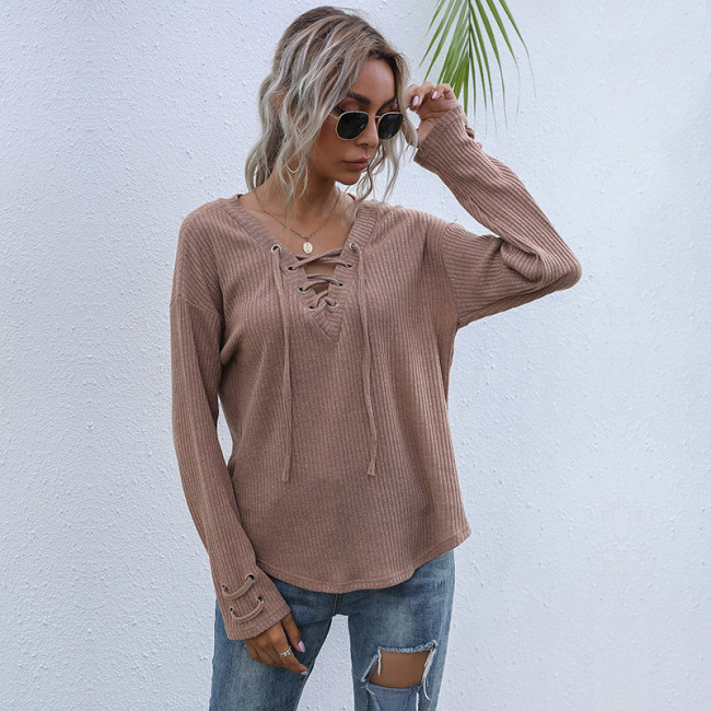 Women's Fall Knit Sweater Top Loose V-Neck Lace up Pullover Top