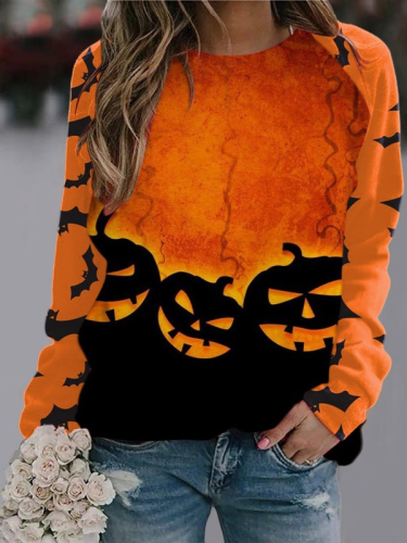 Women's Halloween Funny Pumpkin and Black Cat Full Print Cotton Blend Long Sleeve T-Shirt Tee