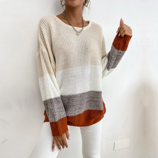 Women's Sweater Loose Colorblock Long-Sleeve Round Neck Knit Sweater