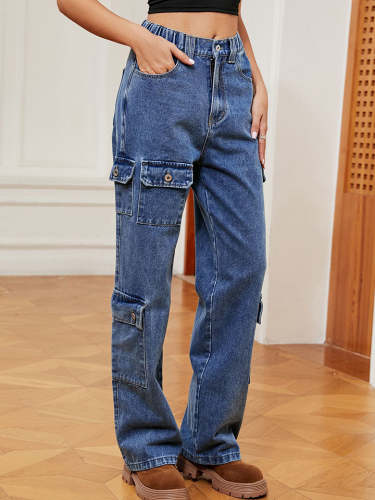 Women's Retro Denim Jeans Buttoned Long Jeans