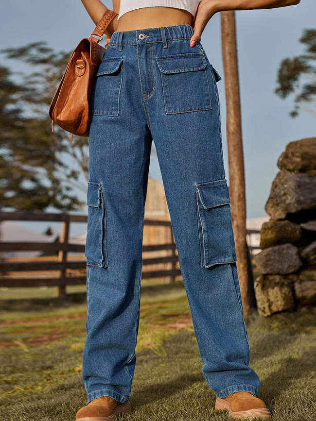 Women's Retro Cowgirl Denim Jeans Straight Leg Cargo Jeans