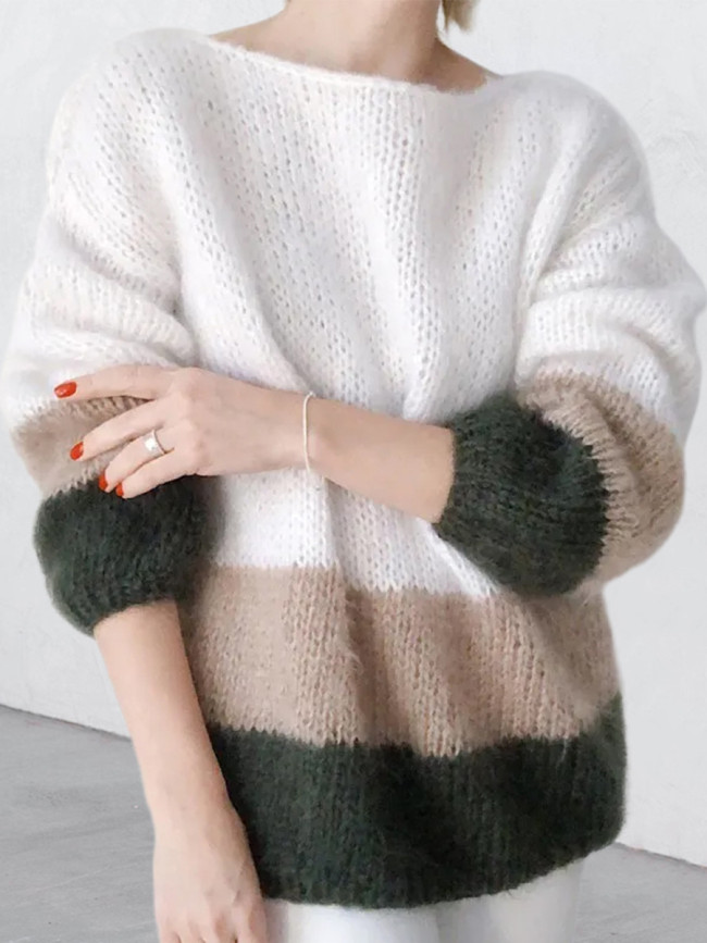 Women's Fall Winter Sweater Loose Color Block Crew Neck Knit Pullover Sweater