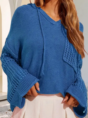 Women's Fall Sweater Hoodie Hollowed-out Knitted Pocket Pullover